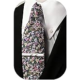Barry.Wang Men's Cotton Ties Flower 3.15" Necktie Printed Skinny Tie Sets Clip Extra Long Flower Wedding Party