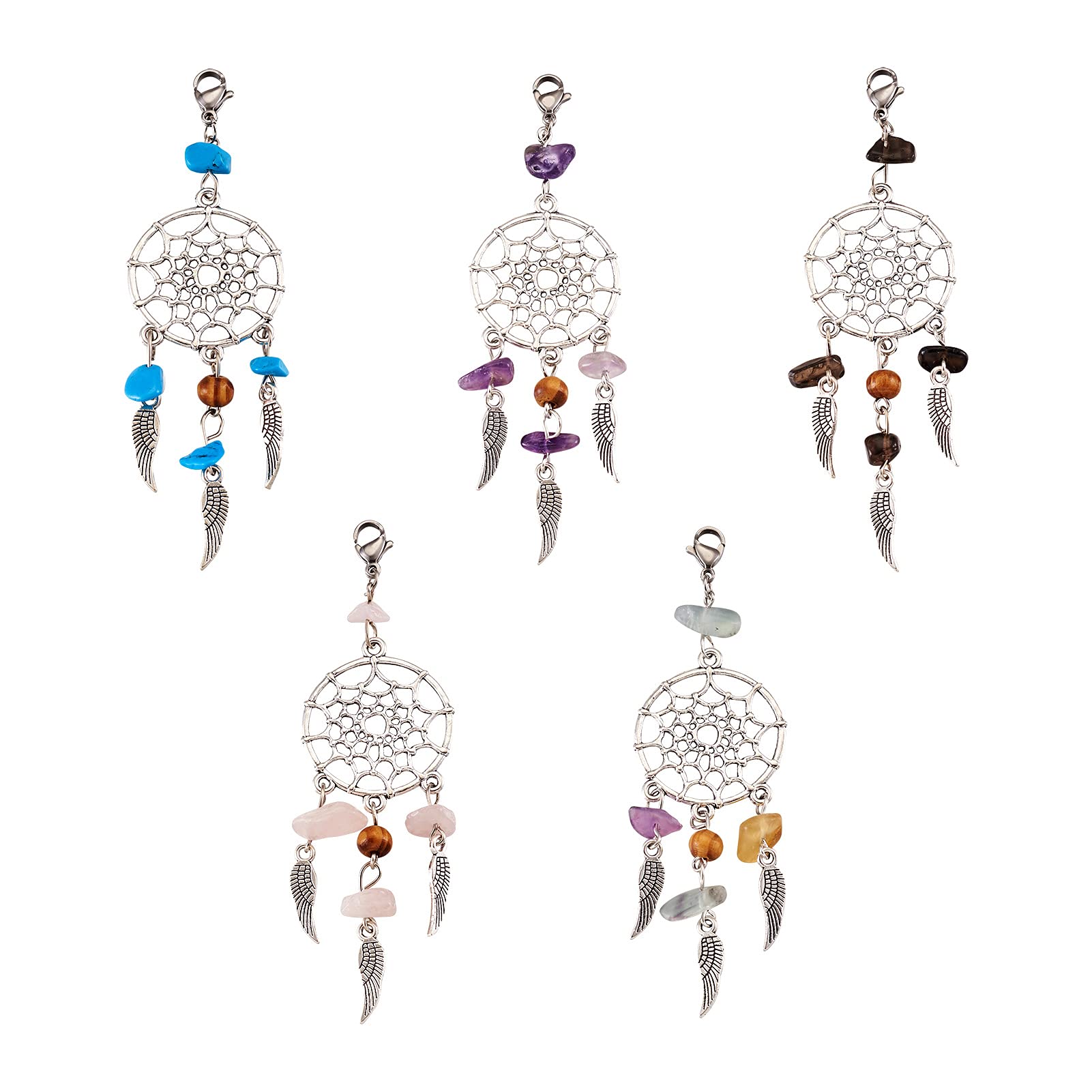 PandaHall 30pcs Alloy Dream Catcher Charm Pendants with Natural Chip Gemstone Beads Wood Beads and Feathers for DIY Necklace Bracelet Jewelry Making, Random Mixed Color