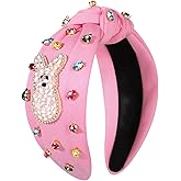 NVENF Easter Headband for Women Beaded Rabbit Bunny Headband White Pink Crystal Pearl Knotted Hairband Happy Easter Hair Accessories Spring Holiday Headwear Outfits Gifts (Bunny A - Pink)