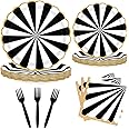 UVTQSSP 96PCS Party Plates, Black Paper Plates and Napkins, Disposable Tableware Set, Party Supplies for Kids Birthday Wedding Baby Shower Picnic, Serve for 24 Guests, Black and White