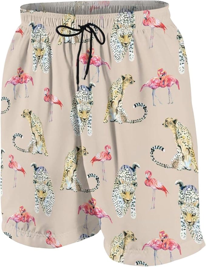Leopard and Flamingo Boys Swim Trunks Quick Dry Beach Board