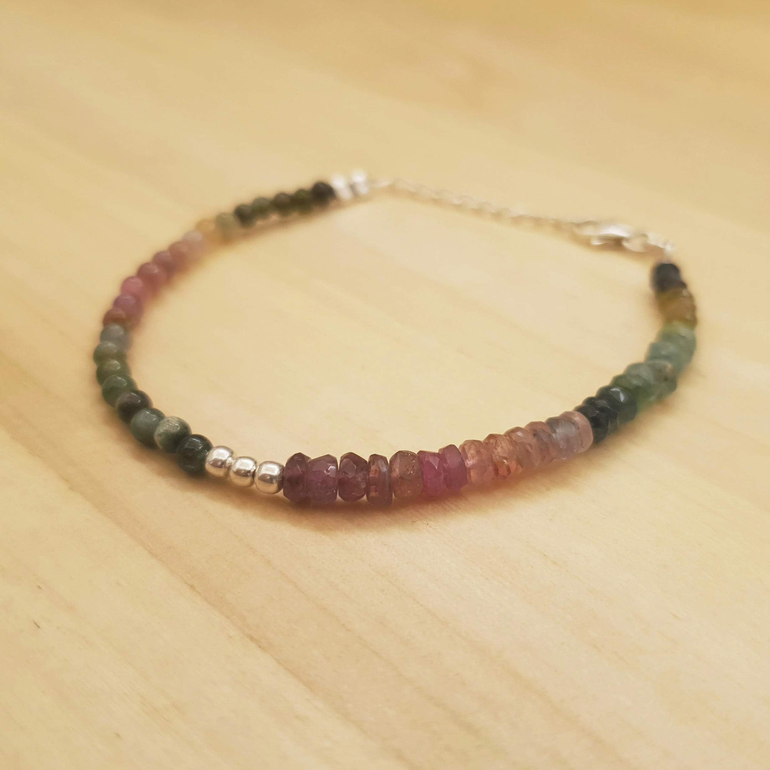 Watermelon Tourmaline Beaded Bracelets for Women Stackable Sterling Silver Birthstone Jewelry