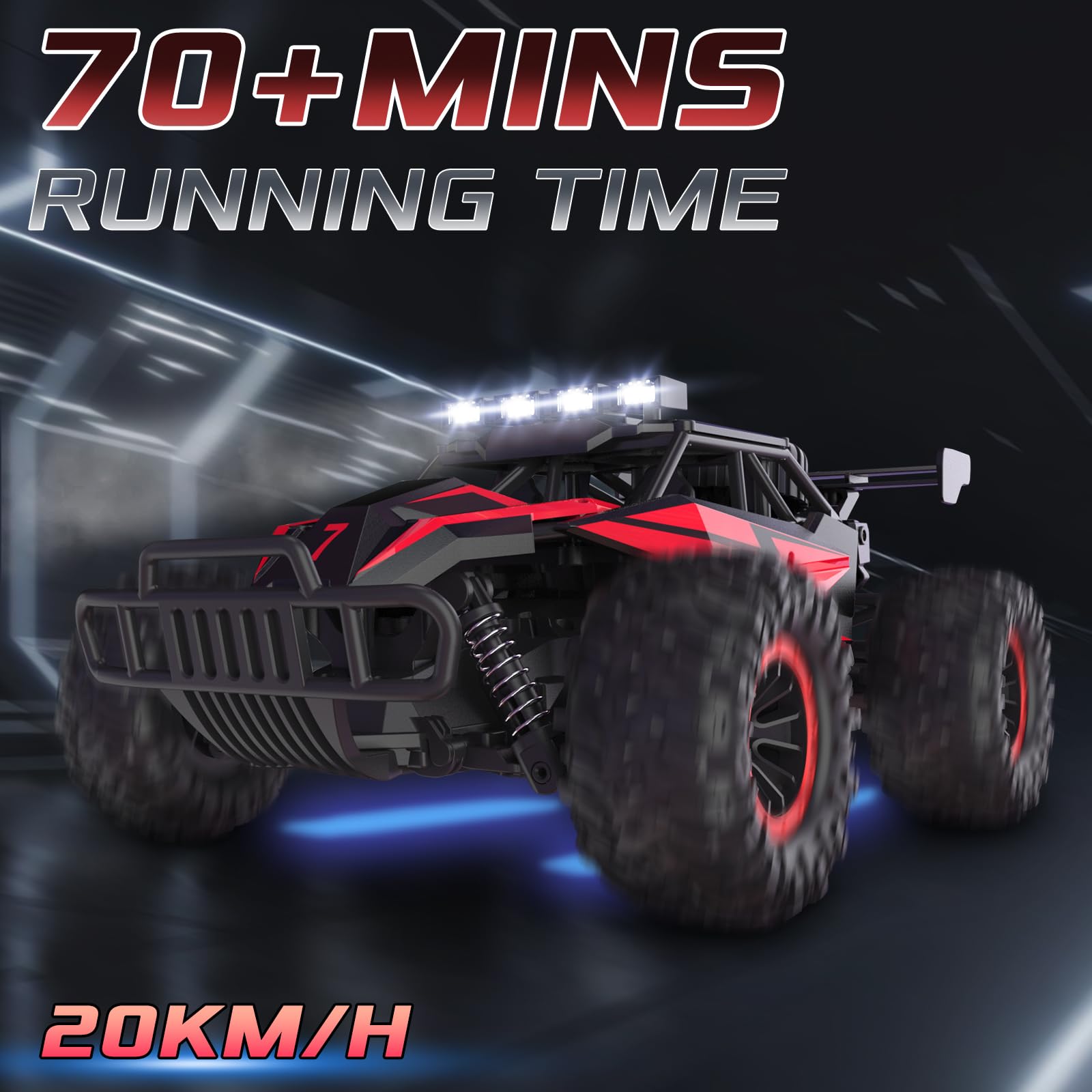 1:16 Scale Remote Control Car, 20 Km/h High Speed Remote Control Truck Off Road RC Monster Vehicle with LED Headlights and Chassis Lights, Electric Toy for Boys Kids and Adults
