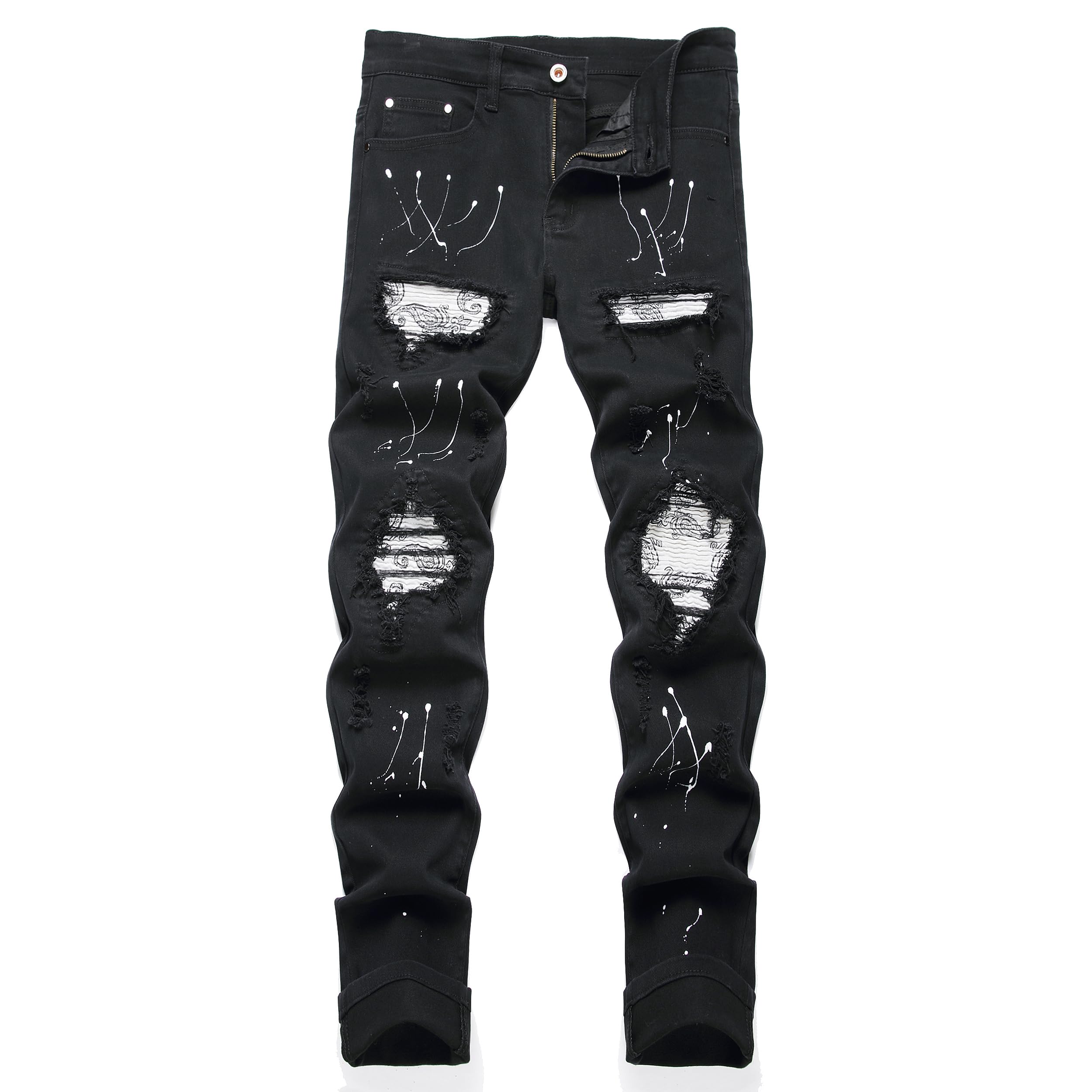 OIIIO Men's Patch Ripped Stretch Regular Fit Jean (42, 6651 Black) Image