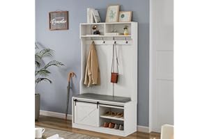 Betoko 71 Inch Entryway Bench with Sliding Barn Door, Hall Tree with Coat Rack and Storage Bench, Wood Coat Tree with Cushioned Stool and Hooks for Hallway, Living Room, Mudroom (White)