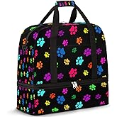 Colorful Dog Paw Print Foldable Travel Duffel Bag Tote, Dog Cat Paw Print Lightweight Luggage Sports Gym Bag with Shoes Compartment Weekender Overnight Bag for Women & Men