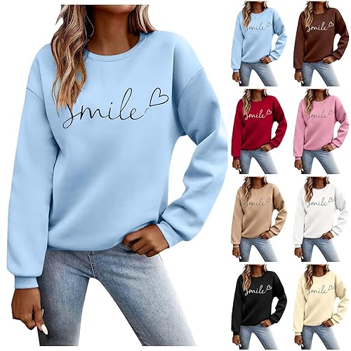 Jumpers for Women UK Fashion Letter Print Sweatshirt Loose Fall Sweaters Long Sleeve Crewneck Fleece Tops Shirt Ladies Jumpers Winter Warm Casual Hoodies Clothing Outfits