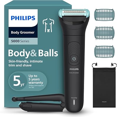Bodygroom 5000 für Herren – mit Dreifachschutz-Rasiersystem, elektrisch trimmen und rasieren im Intimbereich, klappbarer Rückenaufsatz, 100% duschfest, 100 Min. Laufzeit, Modell BG5480/15