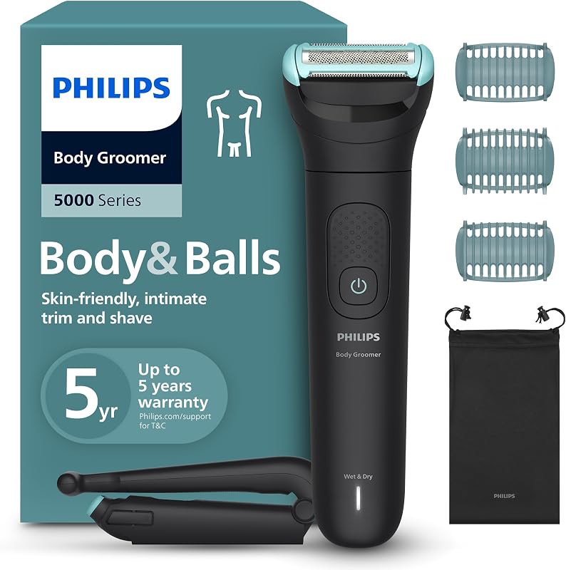 Bodygroom 5000 für Herren – mit Dreifachschutz-Rasiersystem, elektrisch trimmen und rasieren im Intimbereich, klappbarer Rückenaufsatz, 100% duschfest, 100 Min. Laufzeit, Modell BG5480/15