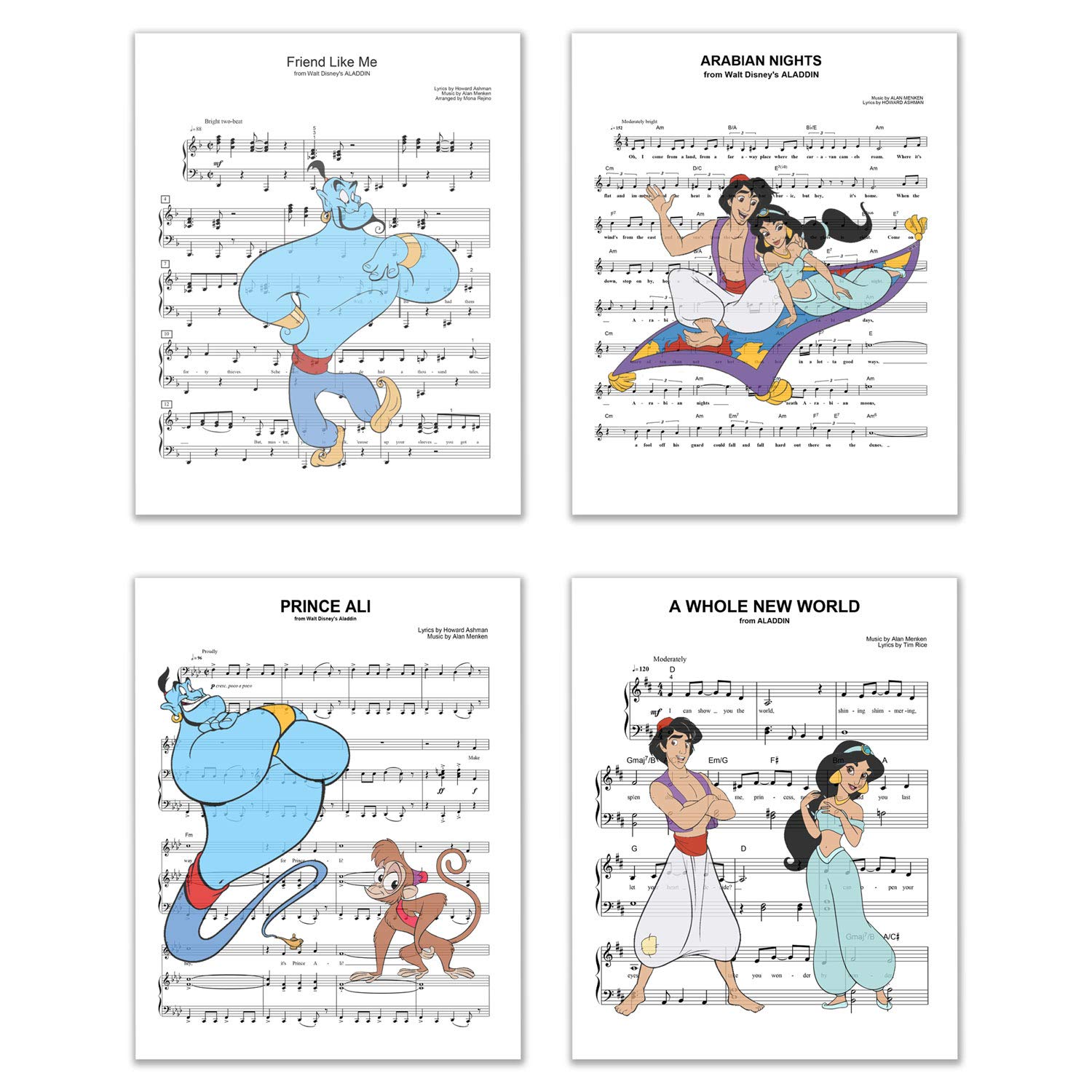 Aladdin Song Photos - Set of 4 (8 inches x 10 inches) Music Sheet Poster Prints - Princess Jasmine Genie Abu