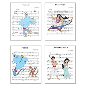 Aladdin Song Photos - Set of 4 (8 inches x 10 inches) Music Sheet Poster Prints - Princess Jasmine Genie Abu