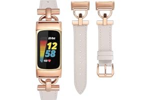 Wearlizer Leather Band Compatible with Fitbit Charge 6 Bands/Charge 5 Bands for Women, Dressy Slim Leather Strap Replacement Wristband with D-Shape Metal Buckle for Fitbit Charge 5/Charge 6 Band