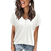 Micoson Women's V Neck T Shirts Short Sleeve Shirts Summer Blouses Pleated Button Tunic Tops Dressy Casual
