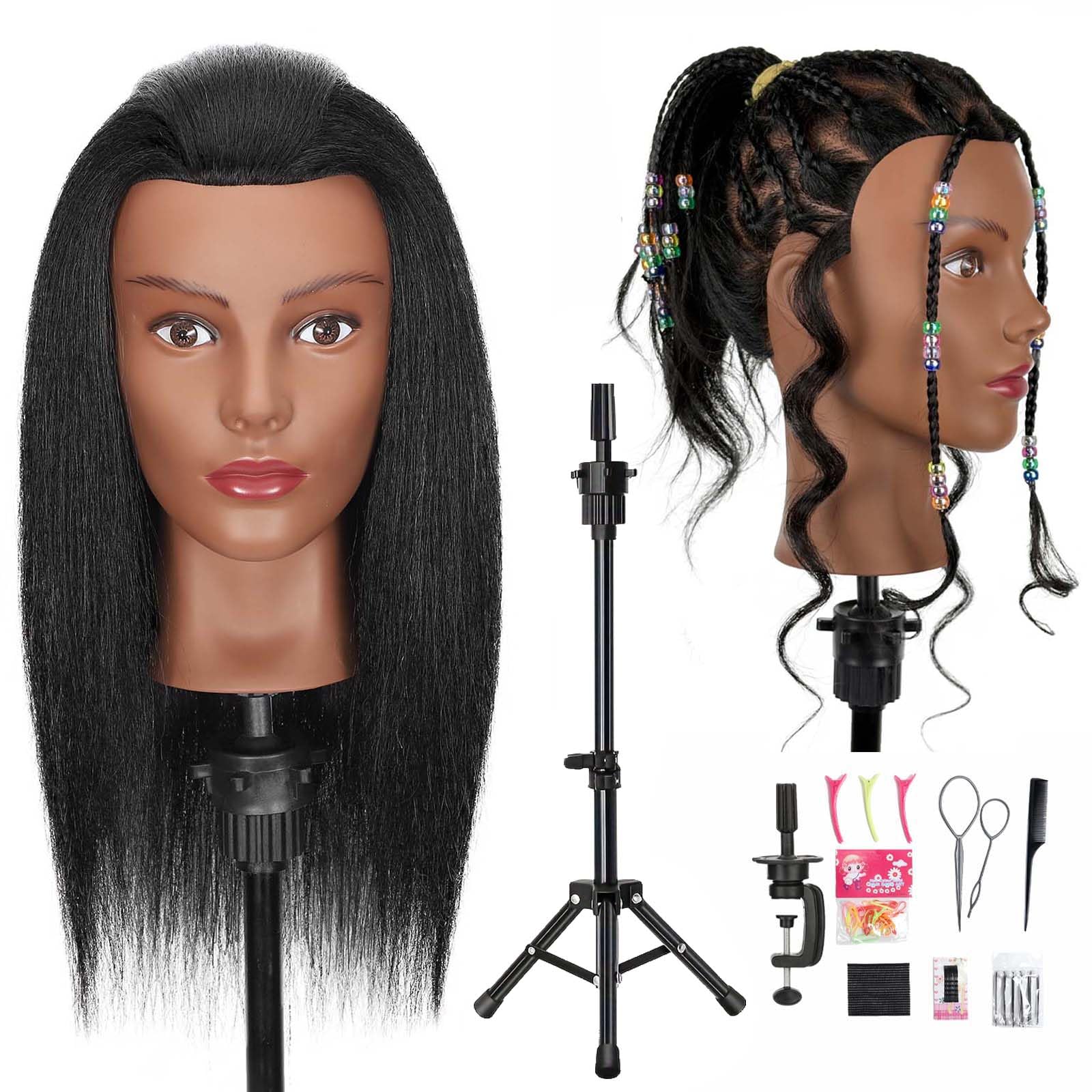 Photo 1 of 18" Mannequin Head Human Hair with 100% Real Hair Opini Human Hair Mannequin Doll Head for Hairdresser Practice Braiding Hairstyling with Adjustable Tripod Stand and Tools (18 Inch- Tripod Set)