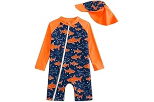 JiAmy Toddler Baby Boy Swimsuit with Sun Hat Long Sleeve Zipper Rash Guard Sun Protection Beach One Piece Bathing Suit