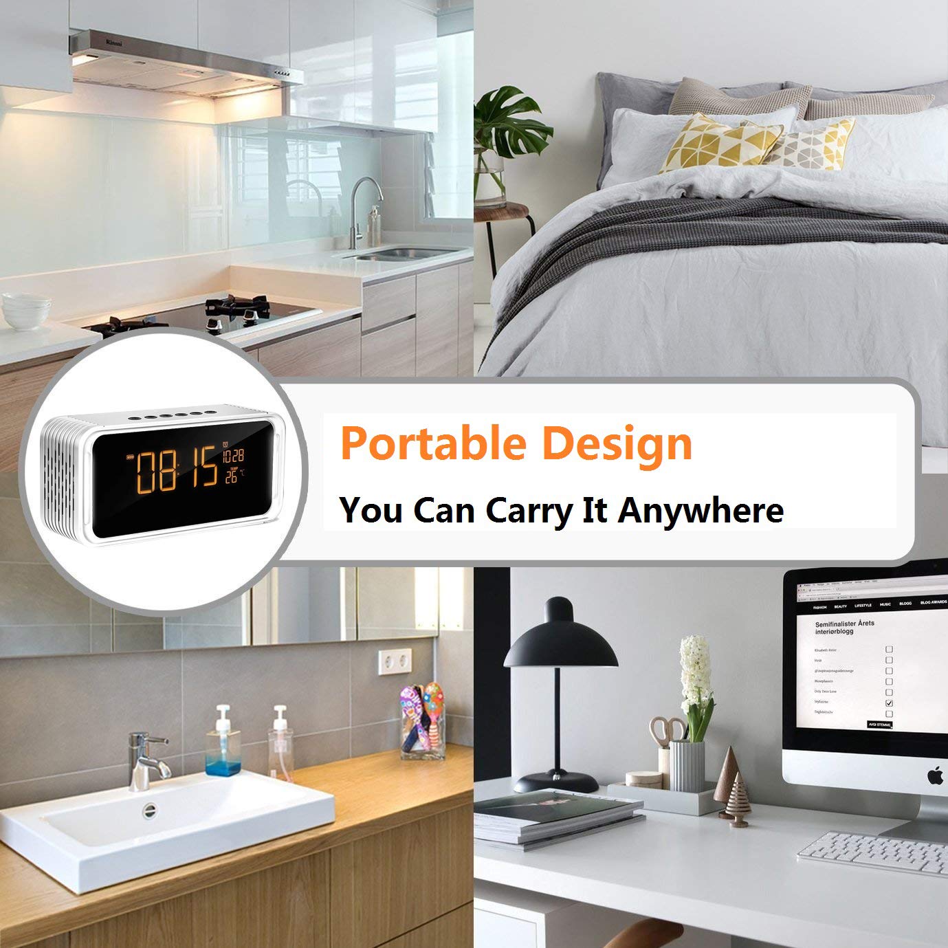 Portable Bluetooth Speaker, XPLUS 4.2 Wireless Bluetooth Speakers with LED Display, Hands-Free Phone Calling, FM Radio,Time,Date,Temperature,Snooze Function Double Alarm Clock (Grey)