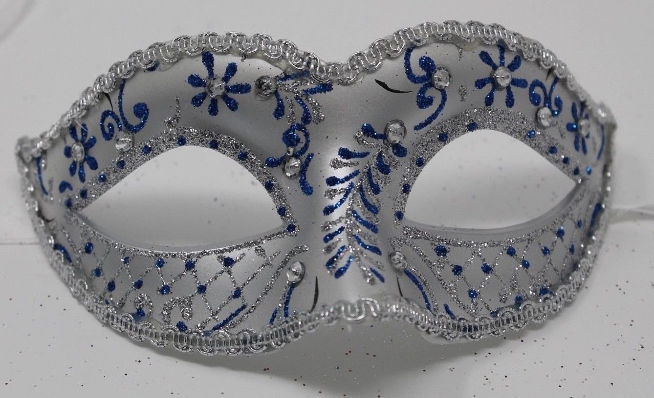 LADIES SILVER & BLUE CRYSTAL JEWELLED VENETIAN MASQUERADE CARNIVAL PARTY EYE BALL MASK