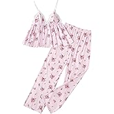 Verdusa Women's Floral Lace 2 Piece Pajama Set Backless Flared Camisole Top with Lounge Pants