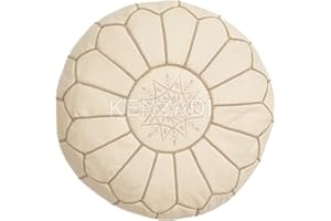 KENZADI Genuine Leather Ottoman Pouf Cover Hand Stitched in Marrakech by Moroccan Artisans, Footstool, UNSTUFFED (Creamy White by White)