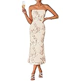 ZESICA Women's Summer Strapless Floral Midi Dress 2026 Bodycon Mesh Tube Wedding Guest Cocktail Party Formal Dresses