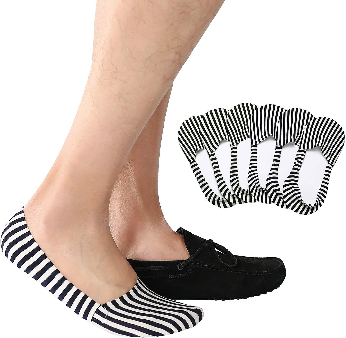 Joulli Mens No Show Liner Socks Non Slip Casual Low Cut Loafer Socks Navy&White, Green&White (6 Pack)