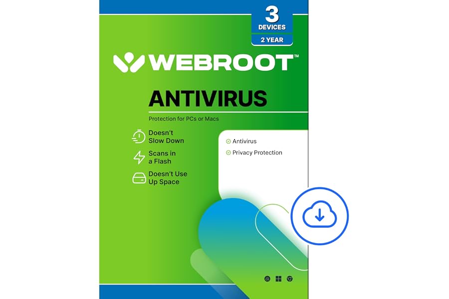 Webroot Antivirus Software 2025 | 3 Device | 2 Year Download for PC/Mac