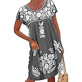 Melliflo Mexican Dress for Women Short Sleeve Floral Embroidered Fiesta Dress Loose Linen Peasant Dresses