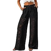 Bsubseach Women Crochet Beach Cover Up Pants Sheer Wide Leg Drawstring Summer Swimsuit Coverup Long Pants with Pockets