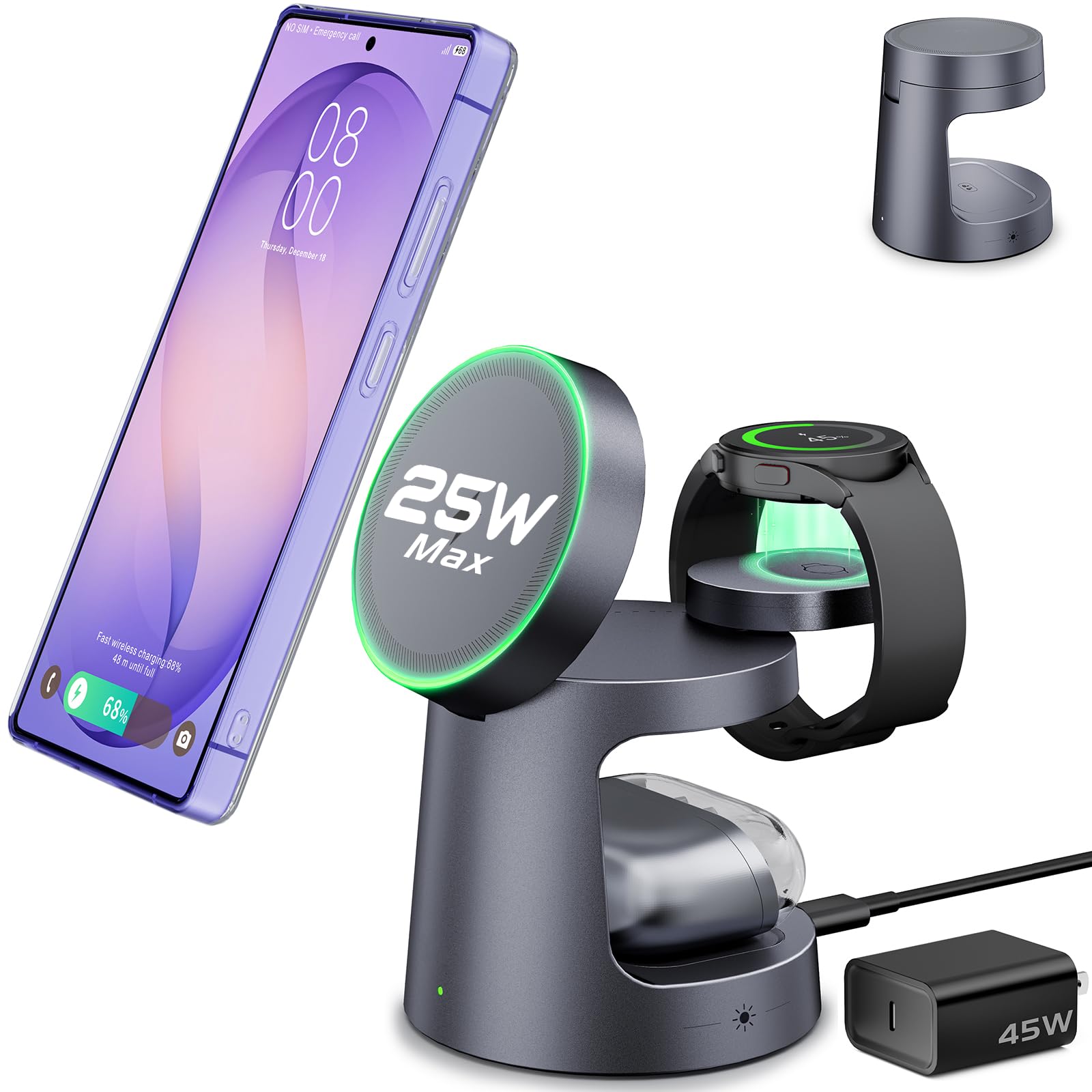 Photo 1 of 25W Magnetic Wireless Charger for Samsung S26 Ultra, 3-in-1 Fast Charging Station Compatible with Magsafe,Compact Travel Charger Stand for S26 Plus/S25&Galaxy Watch Ultra 8/7 with Night Light