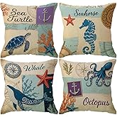 ULOVE LOVE YOURSELF Ocean Theme Square Pillow Case Mediterranean Style Decorative Cotton Linen Throw Coastal Cushion Cover Sets 18 X 18 Inch Pillow Covers, 4 Pack Nautical Pillow Covers (Sea Theme-2)