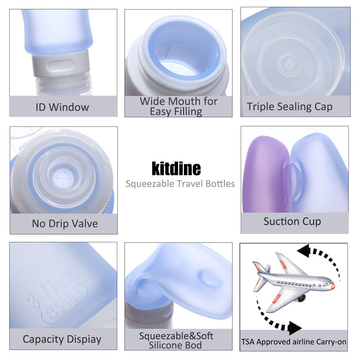 Kitdine Squeezable & Refillable Silicone Travel Bottles Containers - For Shampoo, Conditioner, Lotion, Toiletries - 4 Pack (3OZ, Pink + Orange + Green + Purple) by Kitdine