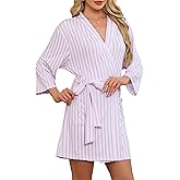LYCY Robes for Women Striped Short Bathrobe, Soft Lightweight Kimono Robe with Pockets