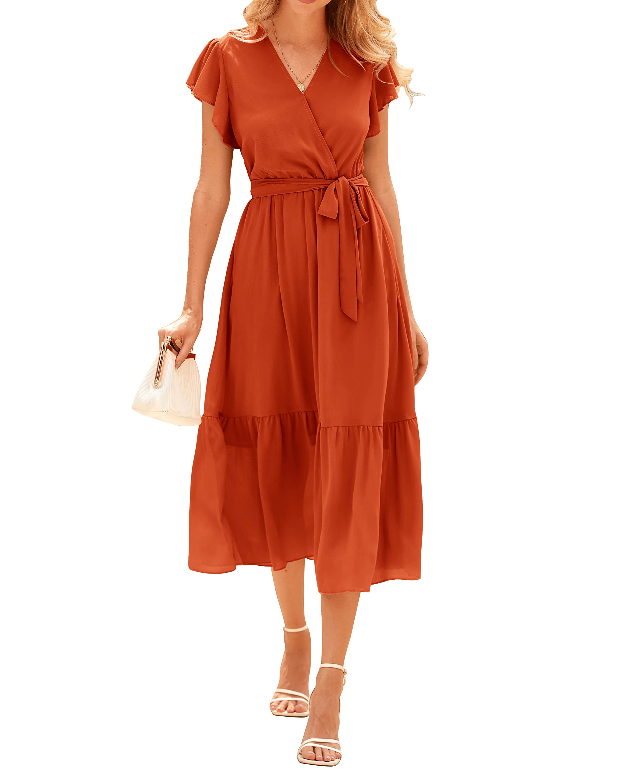 Photo 1 of BTFBM Women Summer Bohemian Floral Casual Wrap V Neck Ruffle Cap Sleeveless Belt A-Line Pleated Hem Swing Midi Sun Dress (Solid Orange Red, Large)