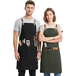 KTMOUW 2-Pack Chef Apron Men Women, Adjustable Cross Back Kitchen Apron | Canvas cooking apron with water oil resistant, 4 la