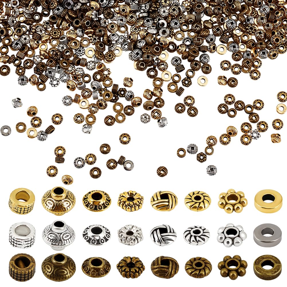 PH PandaHall 1200pcs Metal Spacer Beads, 24 Styles Tibetan Metal Beads Bicone Flat Round Bead Column Shape Flower Spacers Bead for Bracelet Necklace Jewellery Making(Golden, Silver, Bronze)