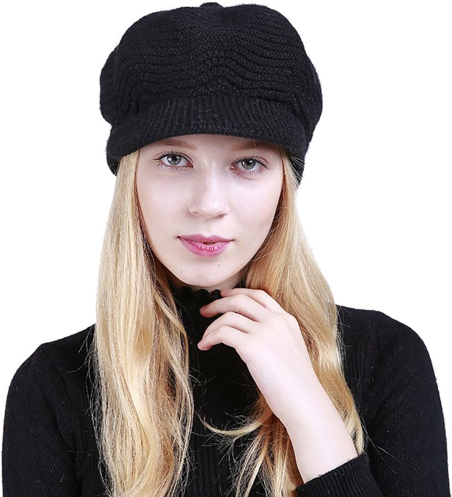 DOLDOA Womens Hat Winter Plus Velvet Solid Warm Crochet Wool Knitted Fashion Manual Caps with Visor