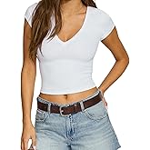 Women Solid Basic Slim Crop T-Shirts V Neck Short Sleeve Fitted Tops Gym Sports Y2K Baby Tee Streetwear