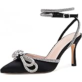 VETASTE Women's Double Bow Pointed Toe Ankle Strap Crystal Pumps Wedding Bridal Party Stilettos Backless Satin Heeled Sandals