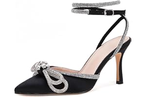 VETASTE Women's Double Bow Pointed Toe Ankle Strap Crystal Pumps Wedding Bridal Party Stilettos Backless Satin Heeled Sandals
