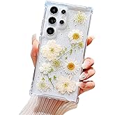 Lewrtser Compatible with Samsung Galaxy S23 Ultra Case Cute Pressed Dried Real Flowers Design Women Girly Shockproof Glitter Floral Clear Phone Cover S23 Ultra (White Flower)