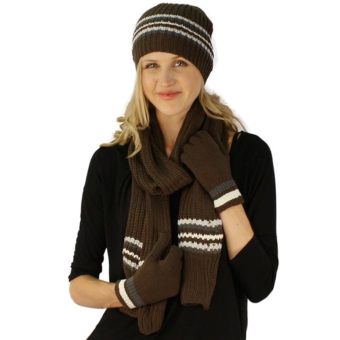 Winter Girls Ladies Knit Stripe Scarf Beanie Hat Cap Gloves Ski 2pc Set Winter Girls Ladies Knit Stripe Scarf Beanie Hat Cap Gloves Ski 2pc Set