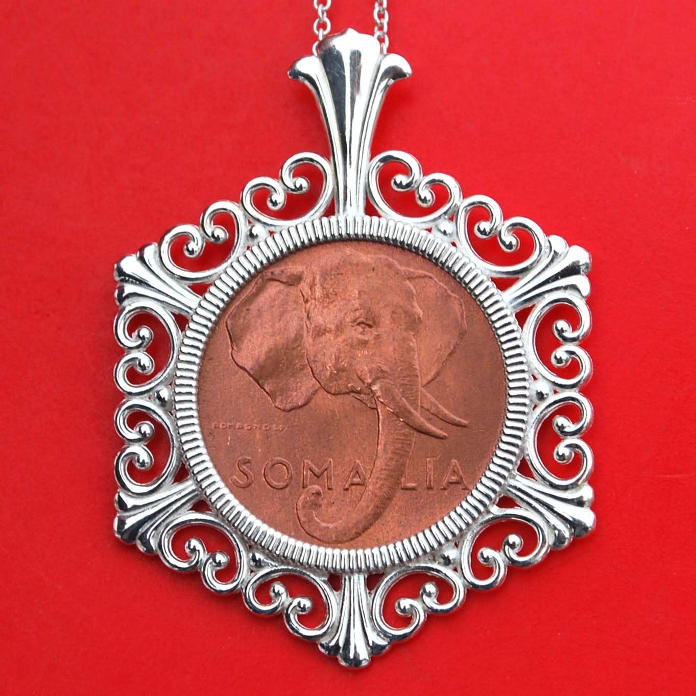Beautiful 1950 Somalia 1 Centsimo Cent BU Uncirculated Rare Coin 925 Sterling Silver Necklace NEW - Elephant
