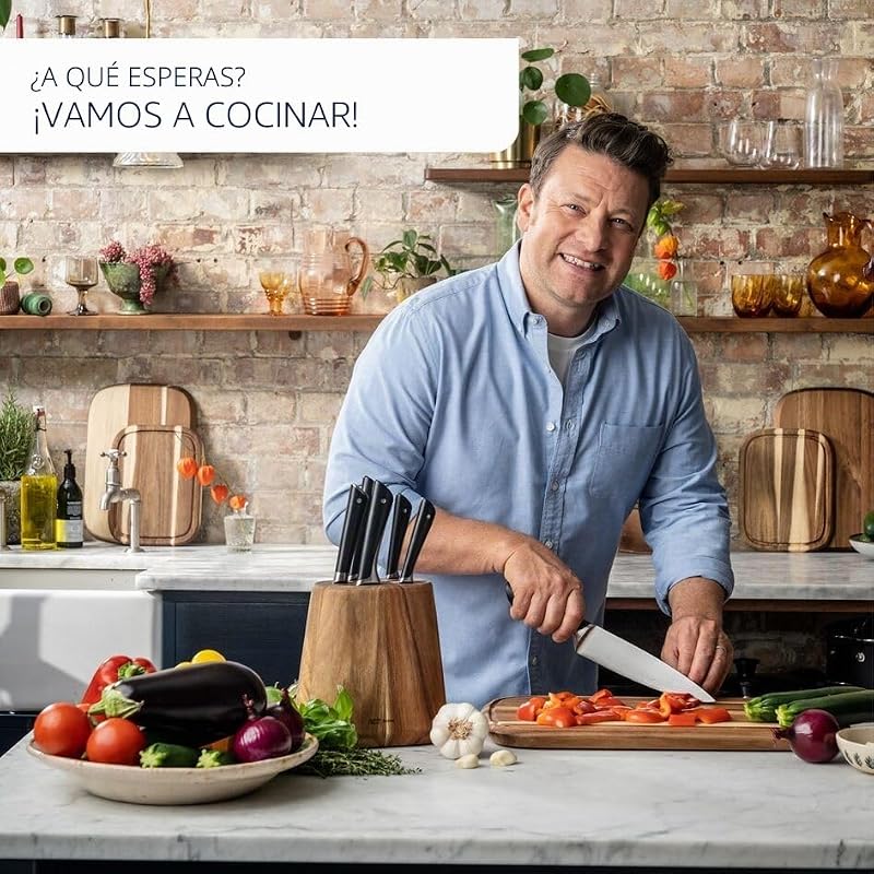 Jamie Oliver by K26715 - Cuchillo Santoku (16,5 cm, alto rendimiento de corte, diseño distintivo, cuchillas resistentes y duraderas, acero inoxidable), color negro