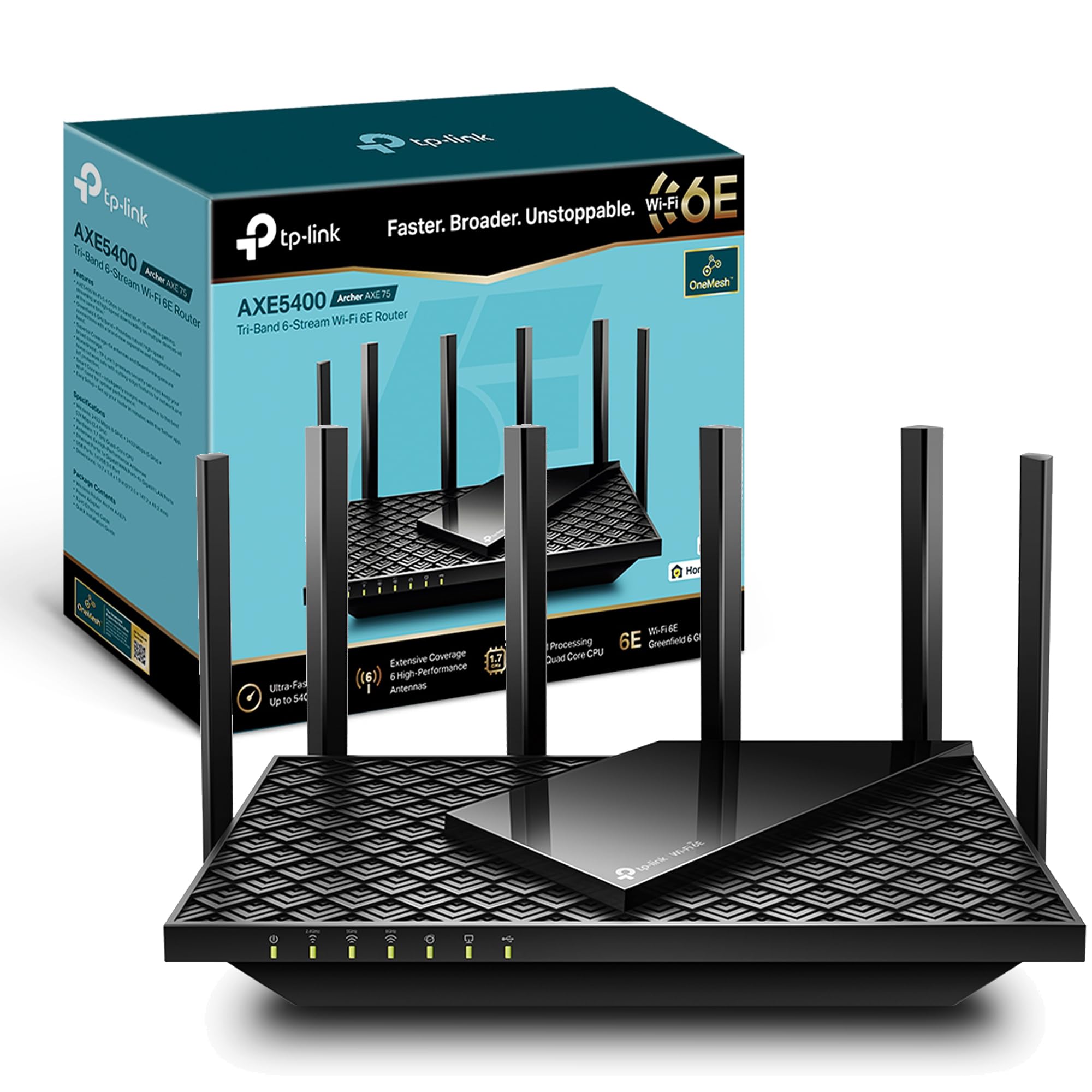 TP-Link Archer AXE75 AXE5400Mbps WiFi 6E Router Tri-Band, Gigabit Ethernet Ports, USB 3.0, WiFi Booster, 512MB RAM, OneMesh, WPA3, Ideal for Gaming, HomeShield, Compatible with Alexa