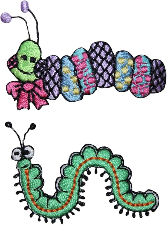 ID 0423AB Set of 2 Caterpillar Patches Insect Craft Embroidered Iron On Applique
