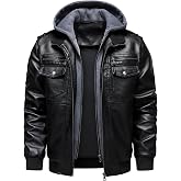 HOOD CREW Men’s Faux Leather Motorcycle Jackets with Hood | Biker Coats, Removable Hood, Windproof, Water-Repellent, Multi-Pockets, PU Leather, Fall Winter Outerwear
