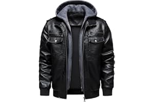 HOOD CREW Men's Vintage Hooded Faux Leather Motorcycle Windproof Biker Jackets Outwear With a Removable Hood