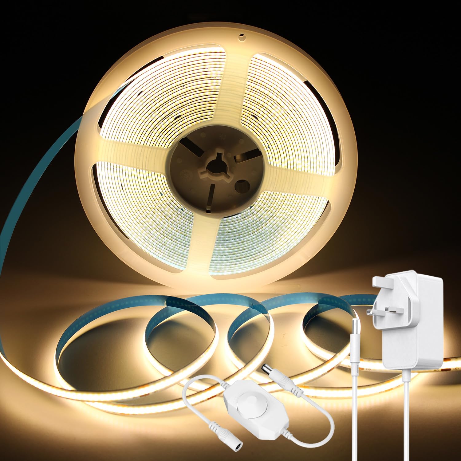 ShineBurky 10M COB LED Strip Lights, 3000K Warm White Cuttable Tape Lights with Plug, 24V High Bright CRI93+ Dimmable Flexible Light Kit for TV Backlight Bedroom Pathway Hotels Cabinet Kitchen Decor