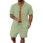 Bealin Men's Short Sets 2 Piece Summer Beach Outfits Button Down Texture Pocket Shirts and Shorts Set
