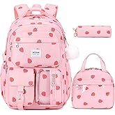 ACESAK Backpack for Girls - Girls Backpack with Lunch Bag & Pencil Pouch for Teen Kids Laptop Backpack for Women, Elementary Middle High School Bookbag Travel Daypack (Pink Strawberry)